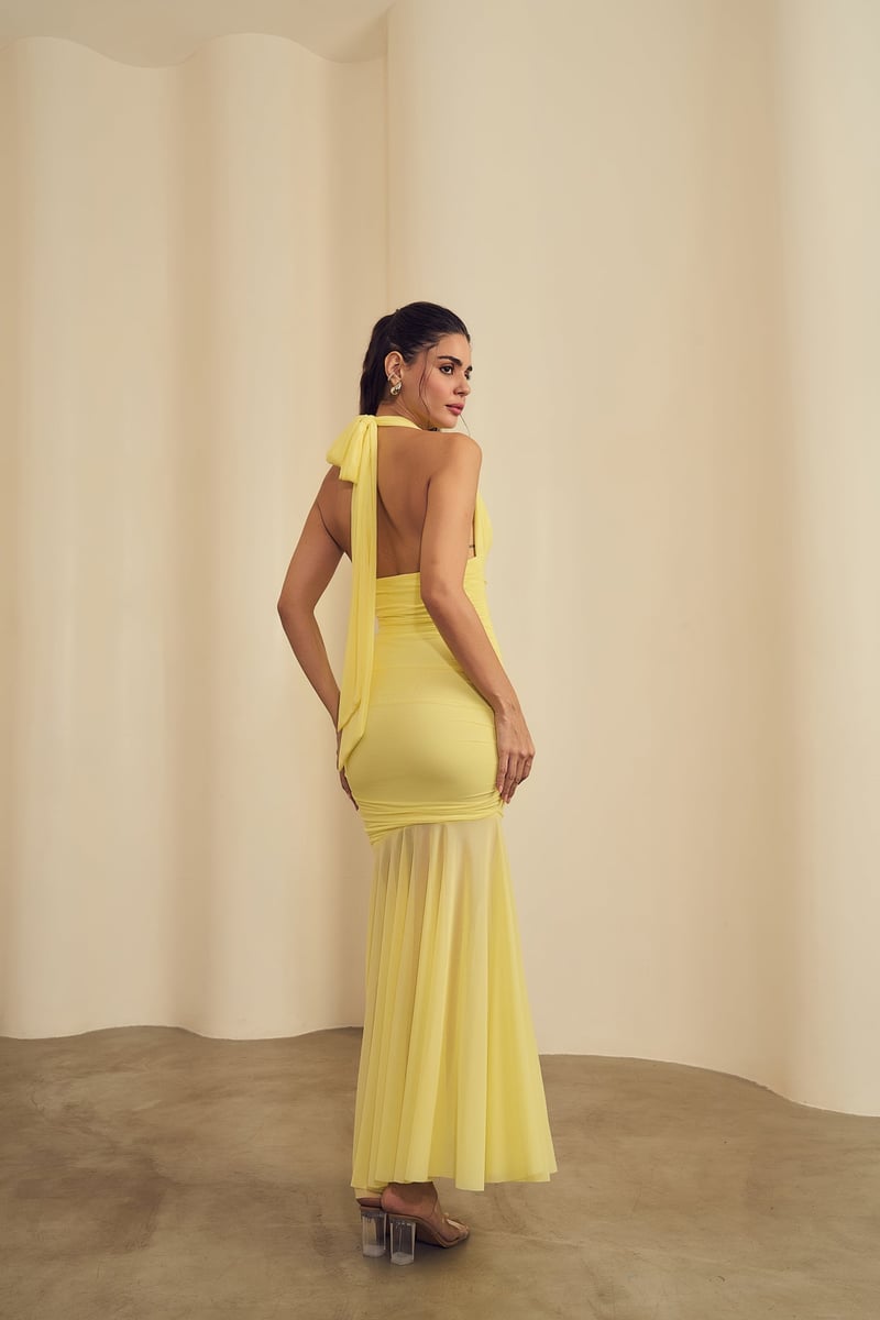 Yellow Halter Neck Ruched Bodycon Maxi Dress
