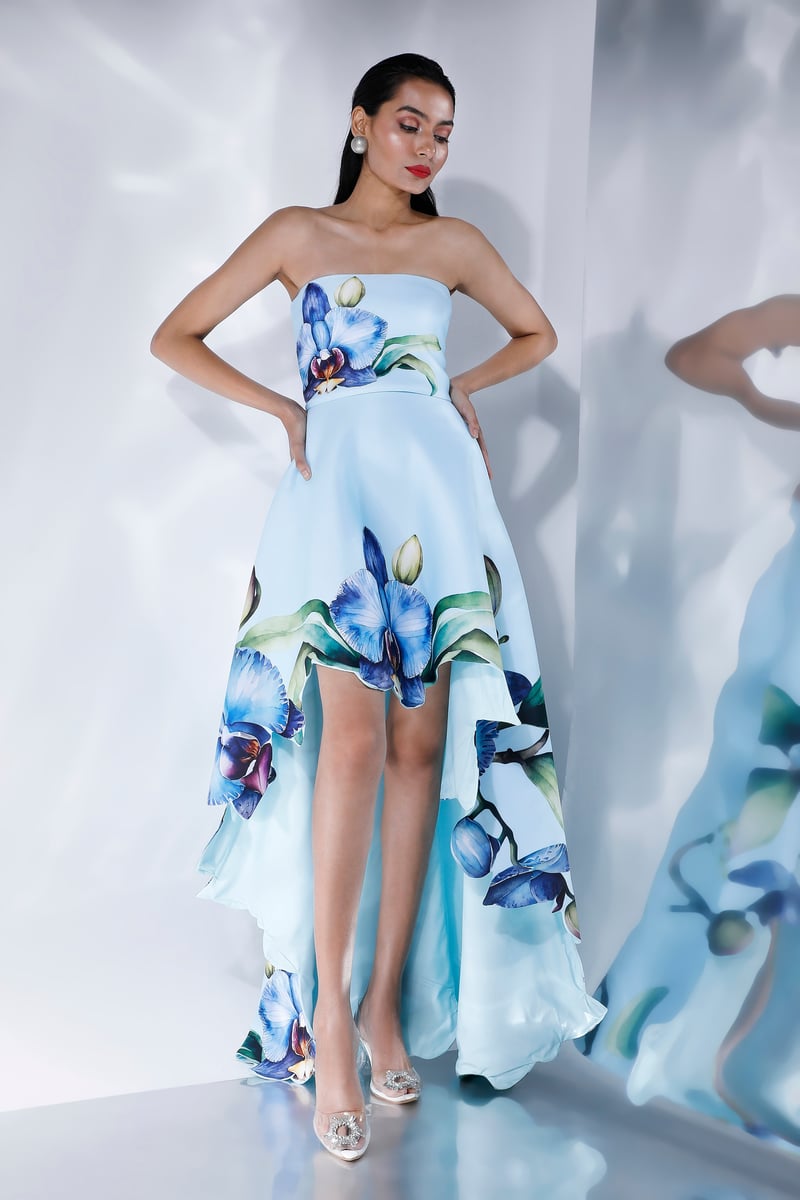 Light Blue Strapless Floral High-Low Maxi Dress