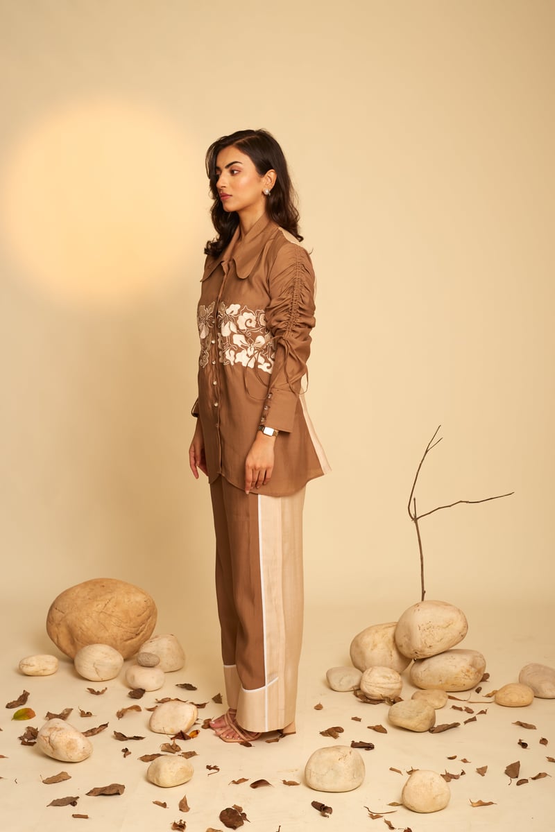 Brown and Cream Colorblocked Embroidered Co-ord Set