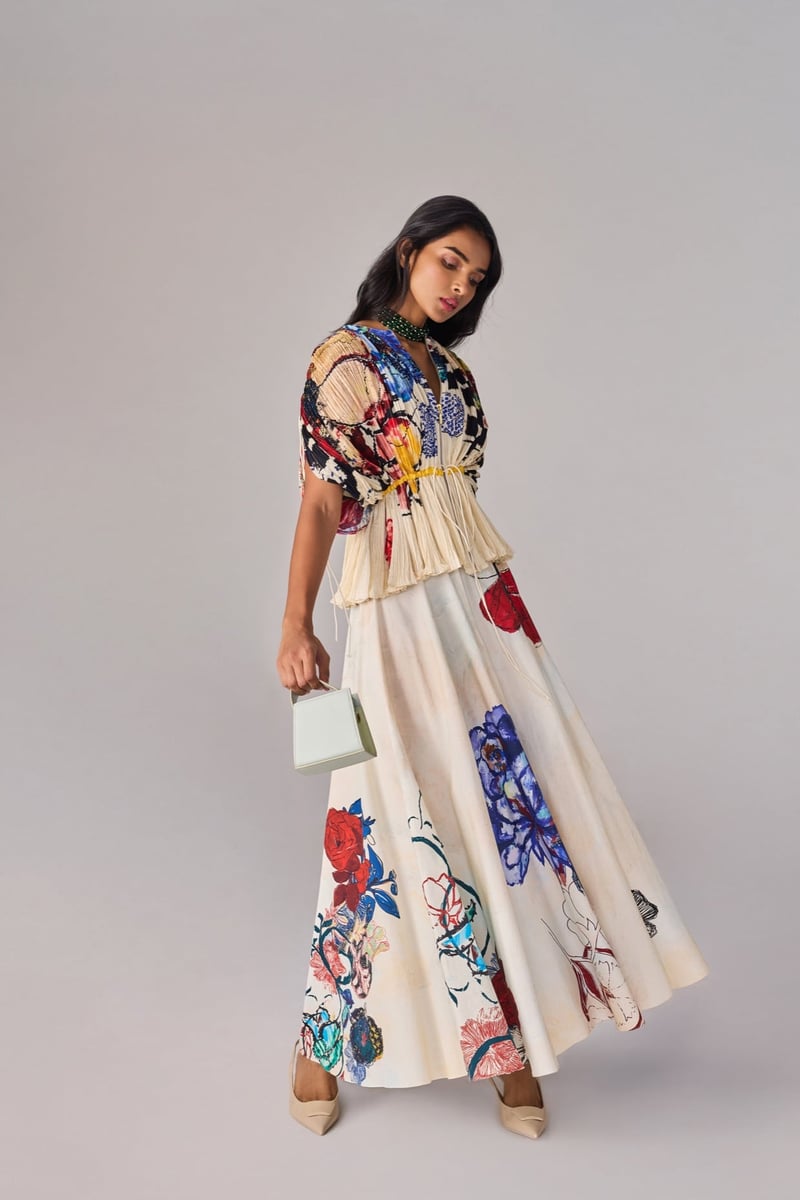 Ivory Multicolor Printed Blouse and Maxi Skirt Co-ord Set