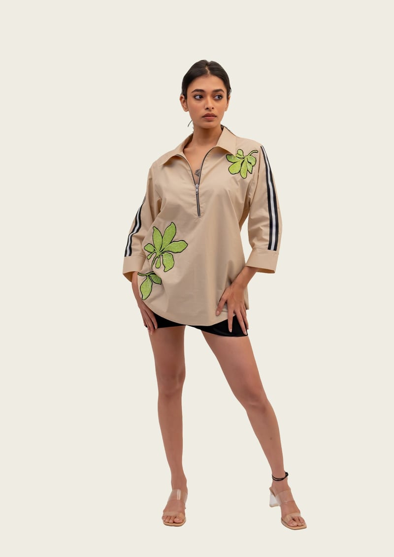 Beige Cotton Shirt with Embroidery — Richa Goenka