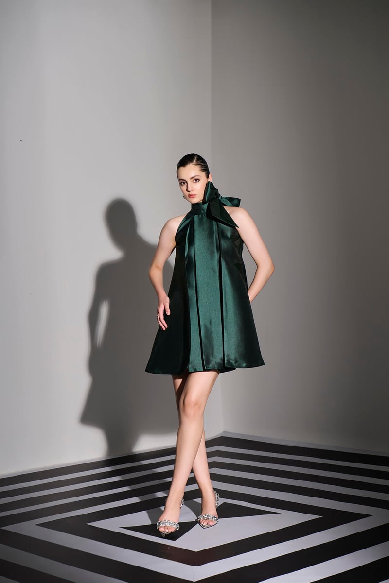 Emerald Halter Neck Bow Detail A-Line Mini Dress
