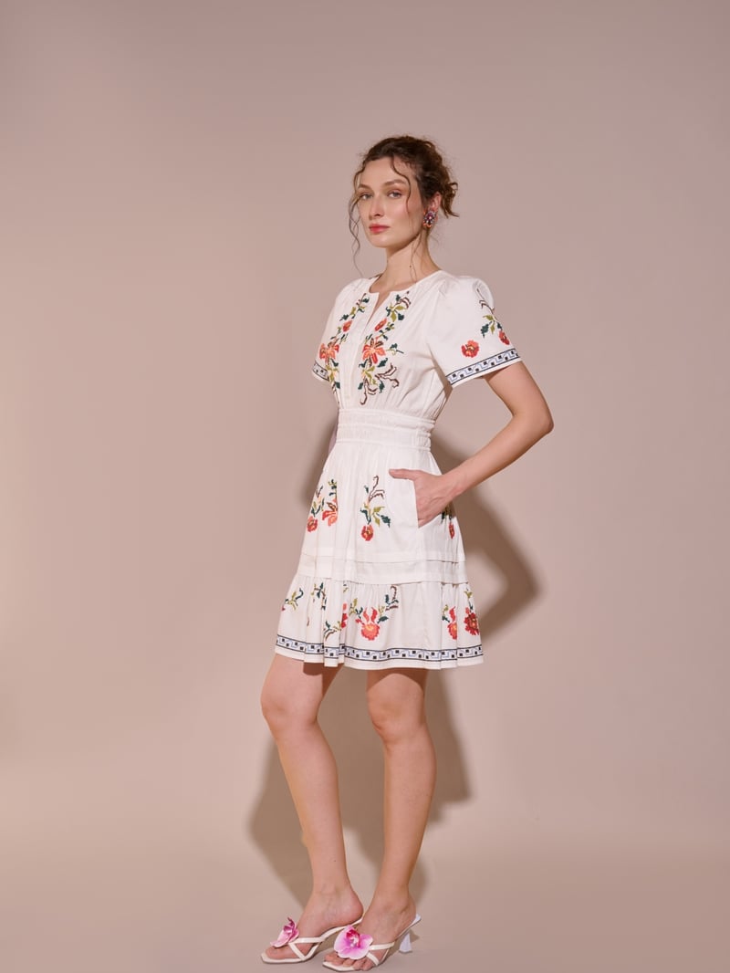 White Cotton Floral Embroidered Tiered Knee-Length Dress
