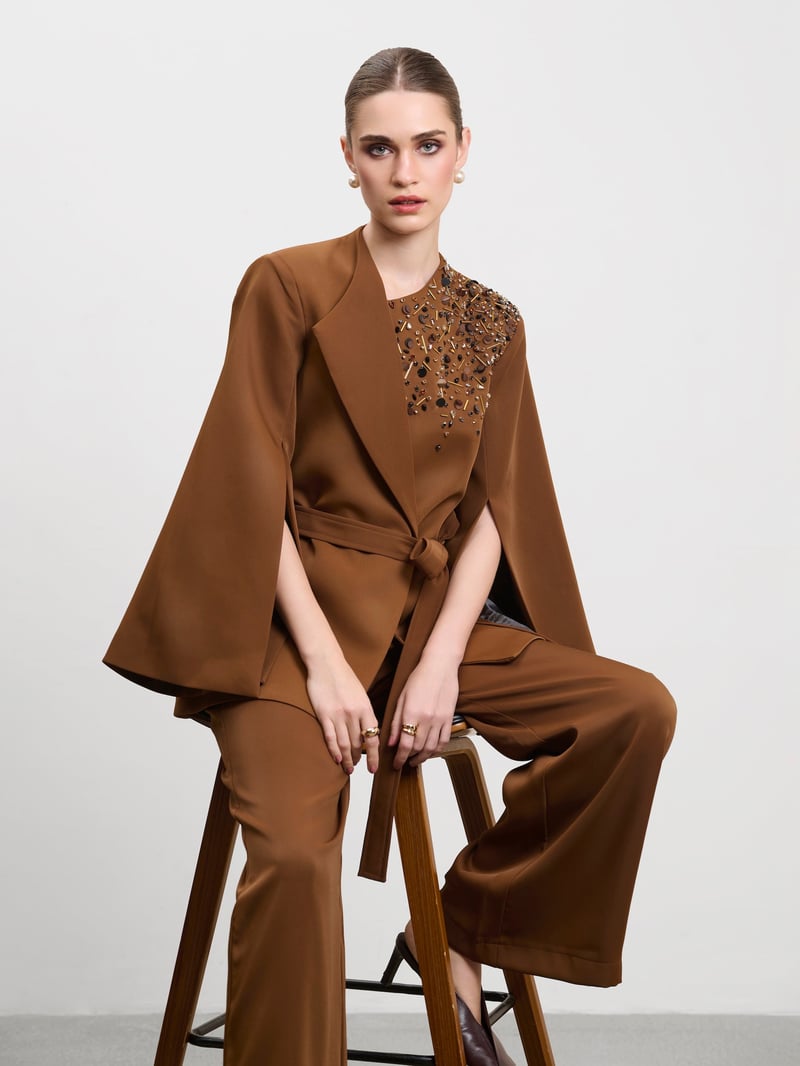 Mocha Brown Embellished Blazer Cape with Tie Belt
