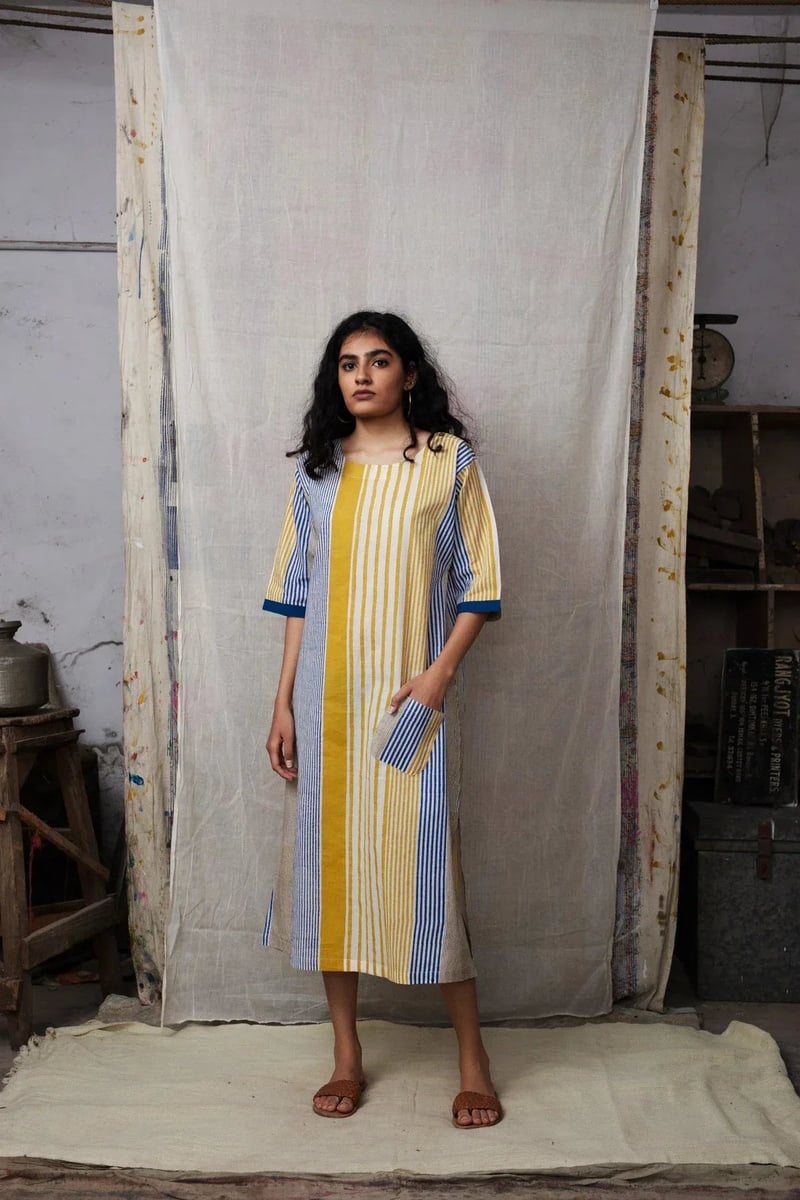 Mustard and Blue Striped Colorblock Midi Dress
