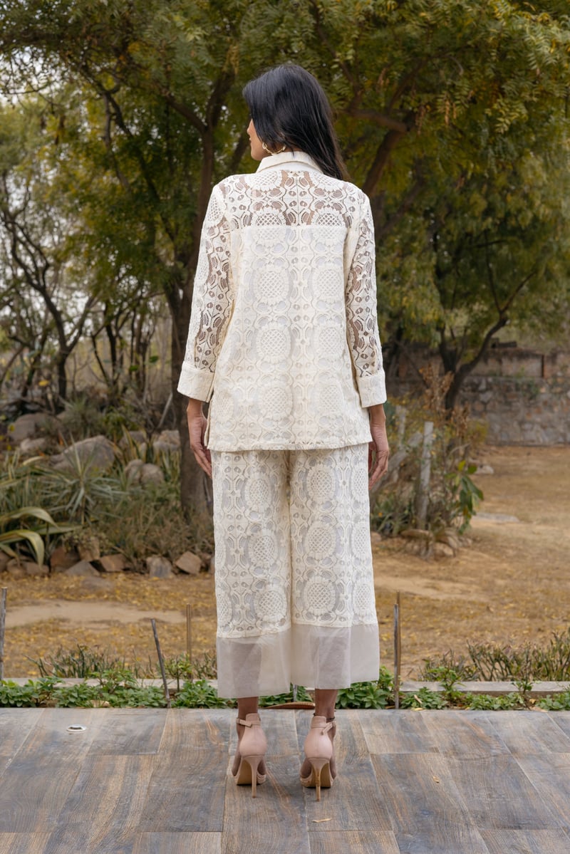 Off-White Cotton Lace Shirt and Pants Co-ord Set