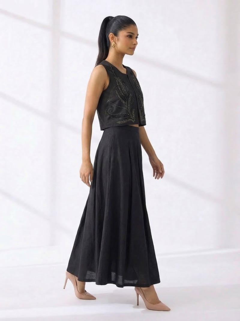Black Embellished Cropped Jacket and Maxi Skirt Co-ord Set