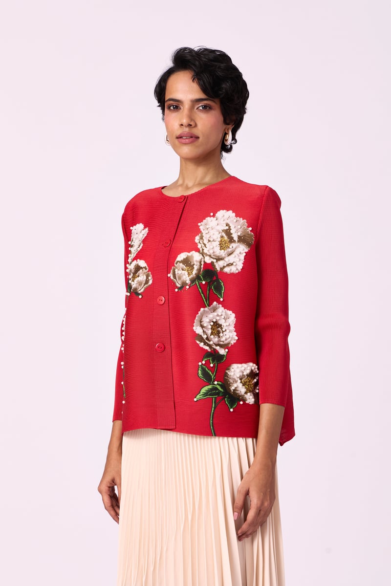 Red Pleated Floral Button-Down Shirt with Pearl Accents
