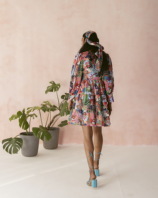 Blue Multicolor Printed Tiered Mini Dress with Front Tie