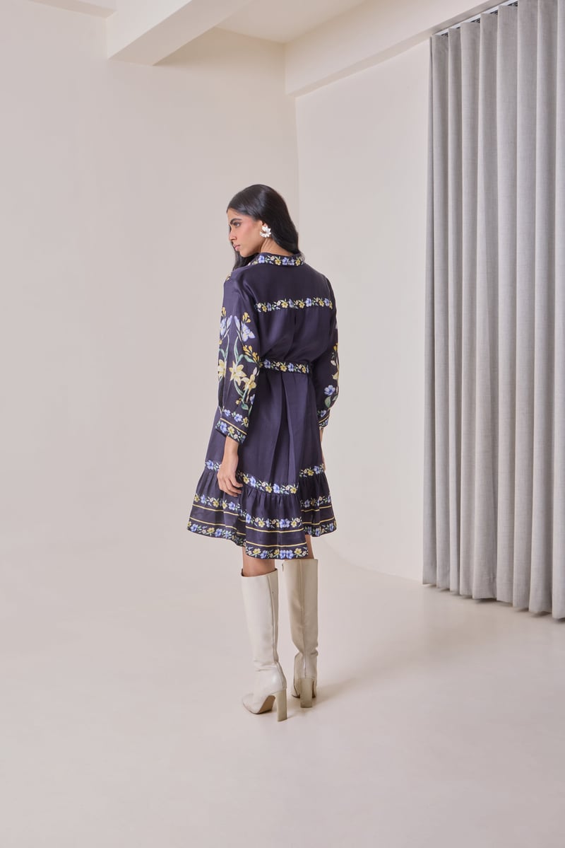 Navy Floral Linen Satin Shirt Dress with Waist Tie