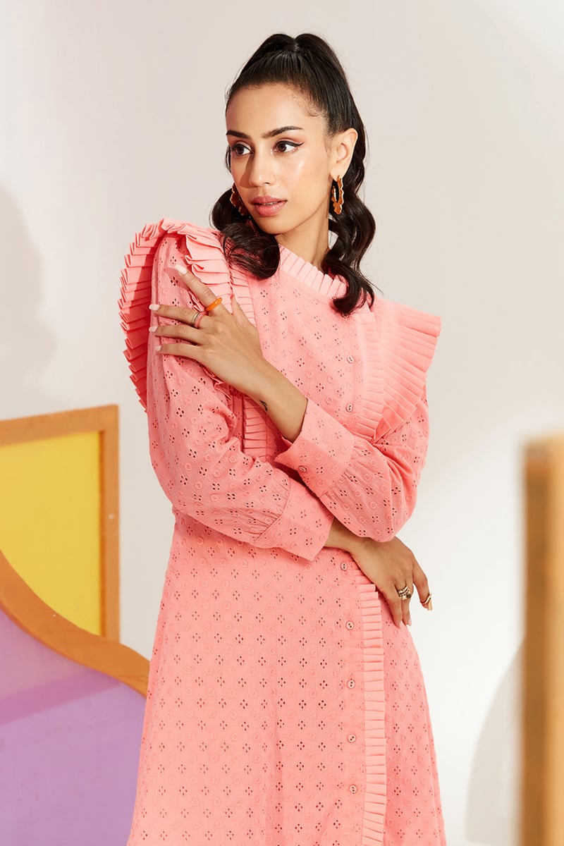 Pastel Pink Cotton Eyelet Mini Shirt Dress with Pleated Ruffles