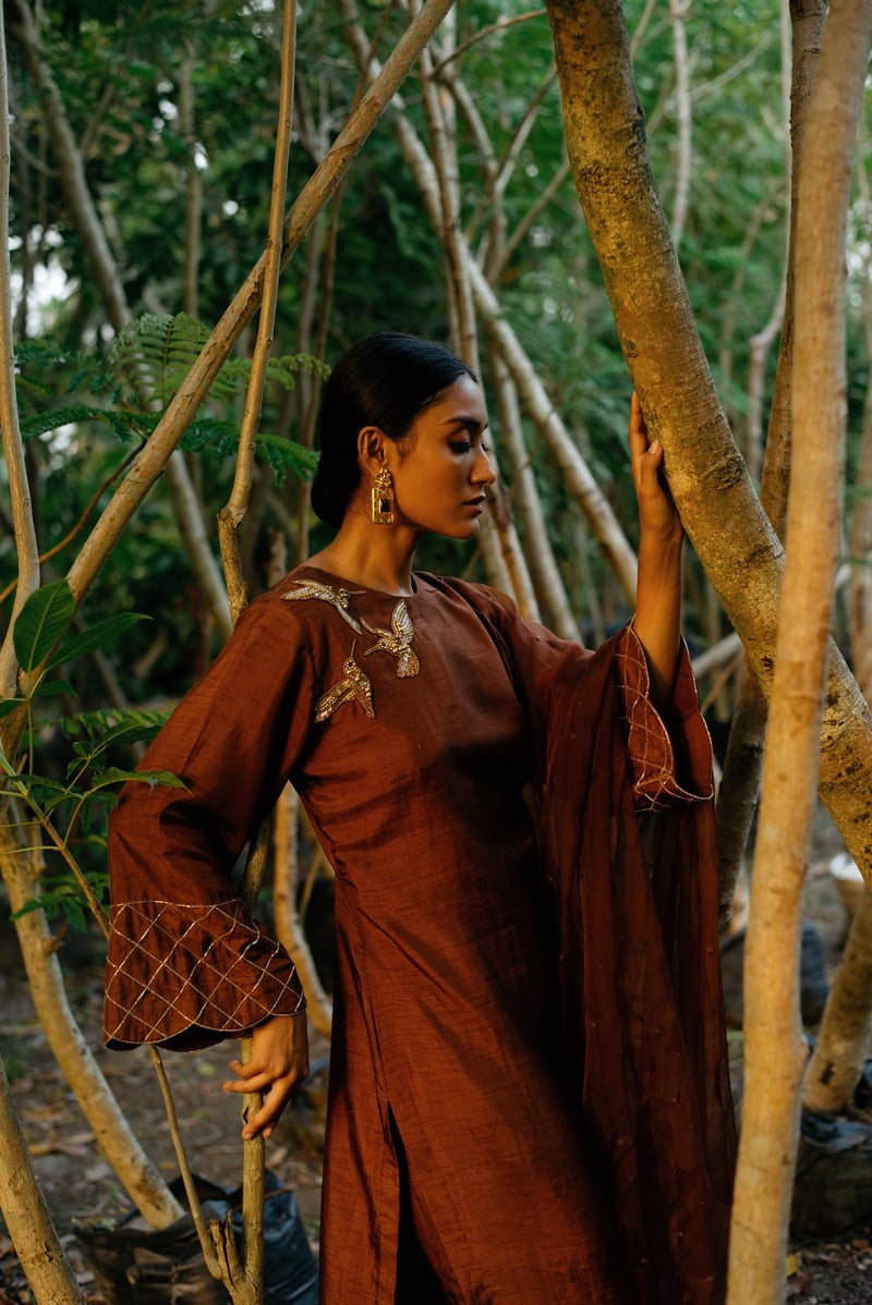 Brown A-Line Embroidered Kurta Set with Dupatta