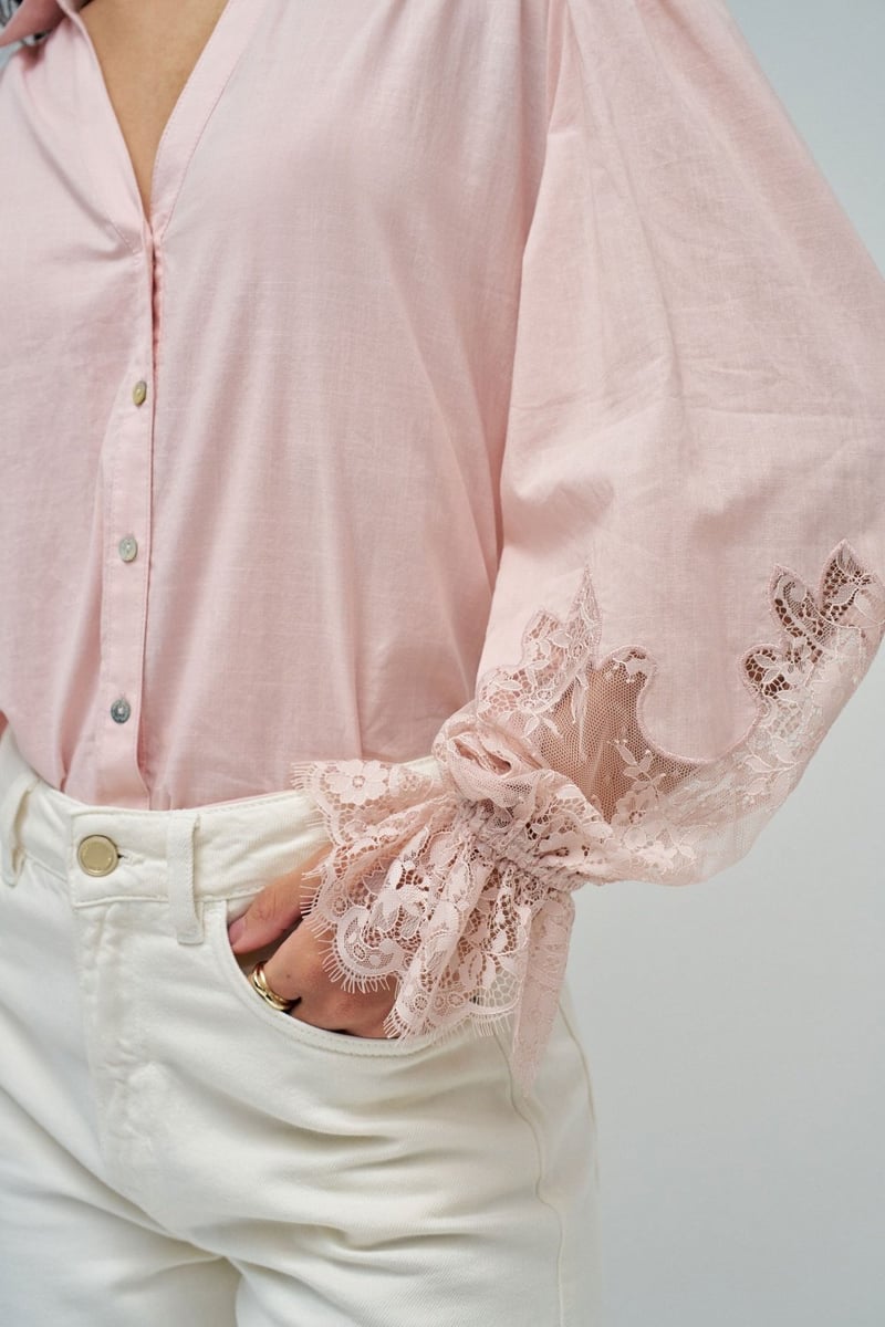 Light Pink Cotton Shirt with Lace Cuffs