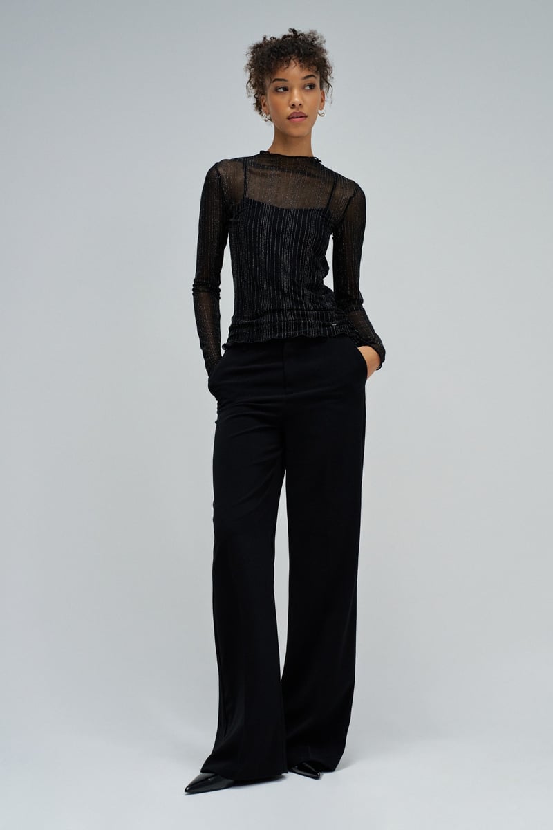Black Shimmer Mesh Round Neck Full Sleeve Top