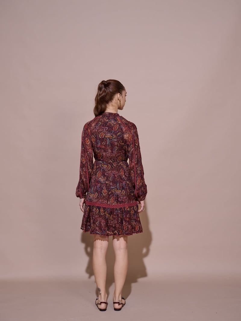 Wine Floral Printed Tiered Knee-Length Dress