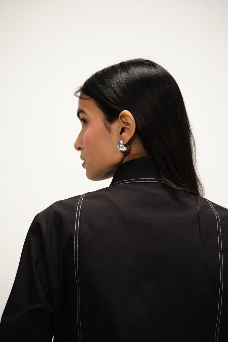 Black Poplin Longline Shirt with Contrast Topstitch