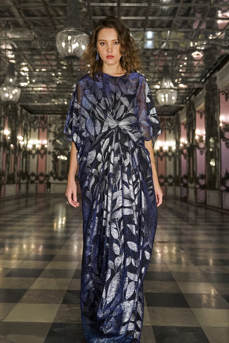 Navy Metallic Leaf-Print Draped Maxi Kaftan