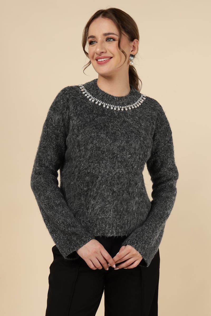 Grey Pearl-Embellished Neck Pullover Sweater