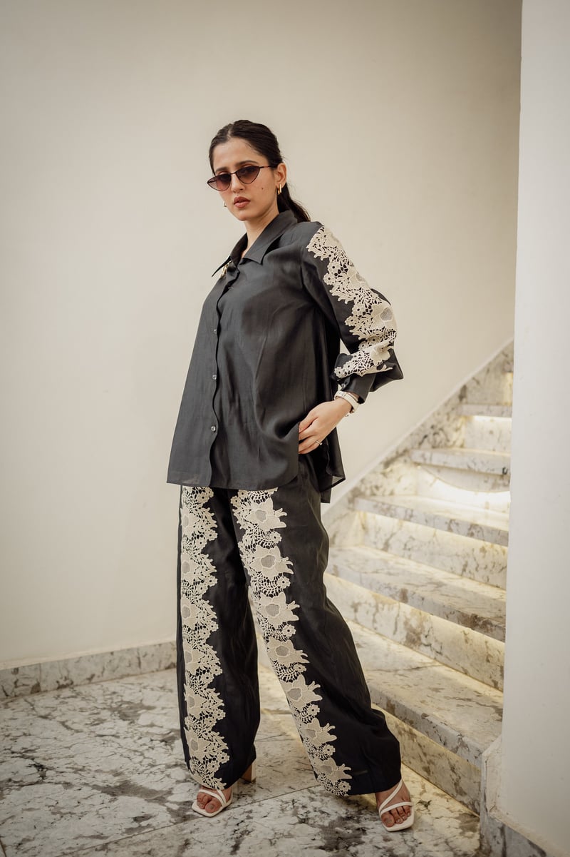Dark Grey Lace Detail Shirt and Flared Pants Co-ord Set