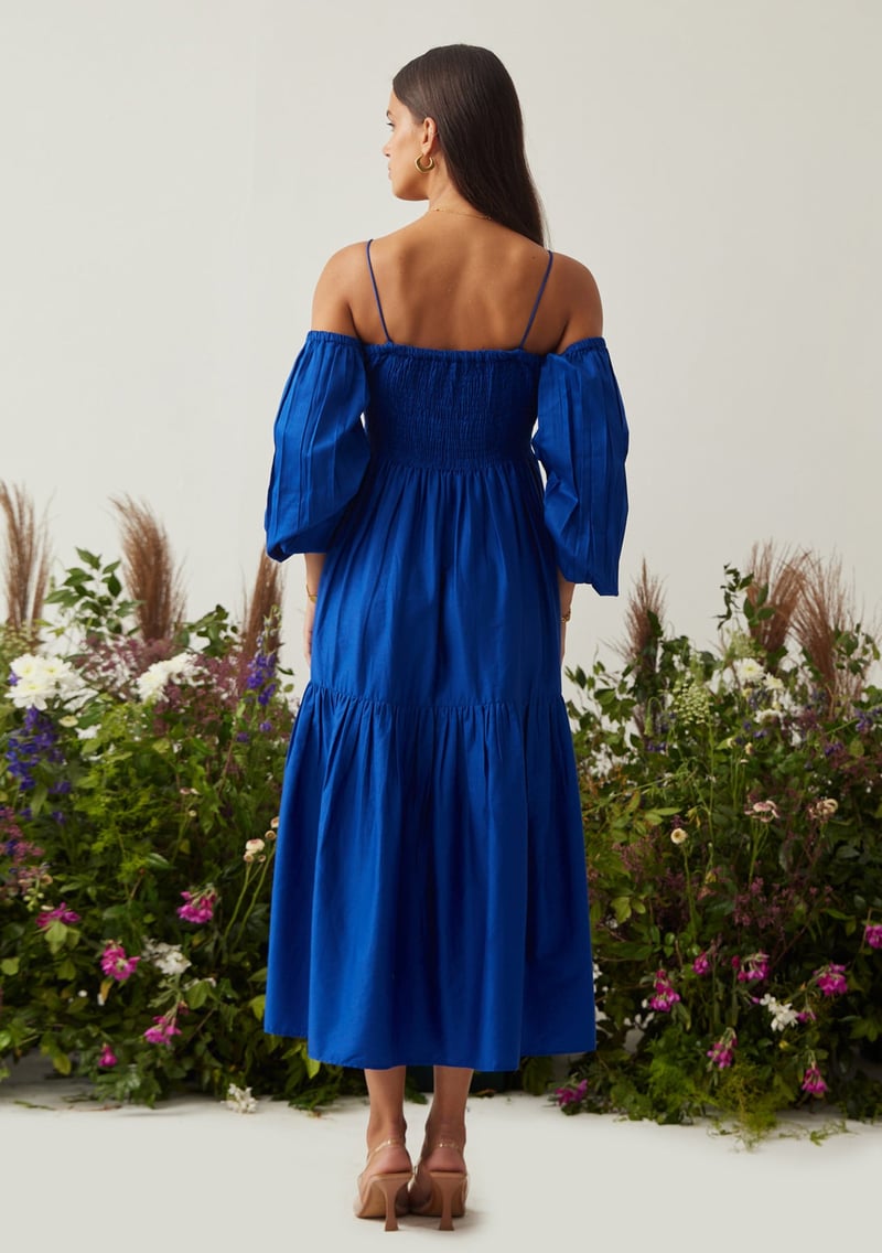 Royal Blue Tiered Midi Dress with Detachable Sleeves