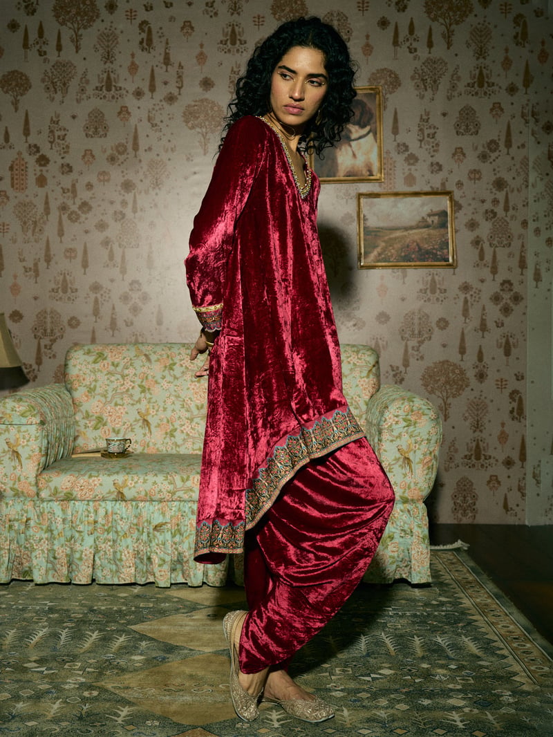 Maroon Velvet High-Low Kurta Set with Dhoti Bottom