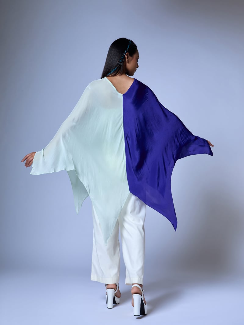 Blue Colorblock Draped Cape Top with Sequin Embroidery