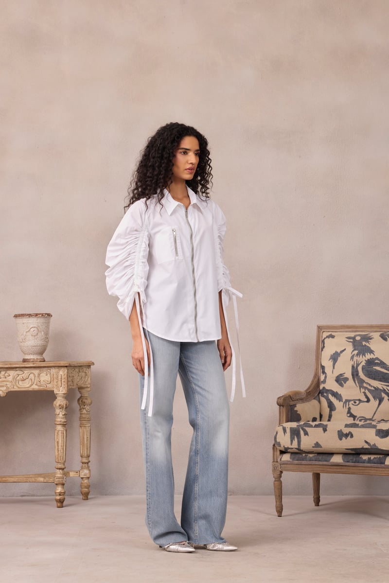Lavender Ruched Sleeve Zip-Front Shirt