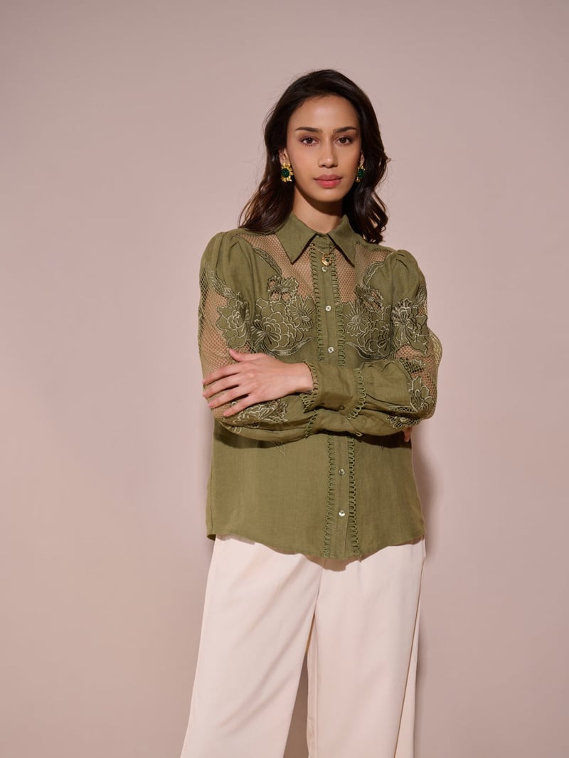 Green Linen Shirt with Sheer Lace Yoke and Sleeves
