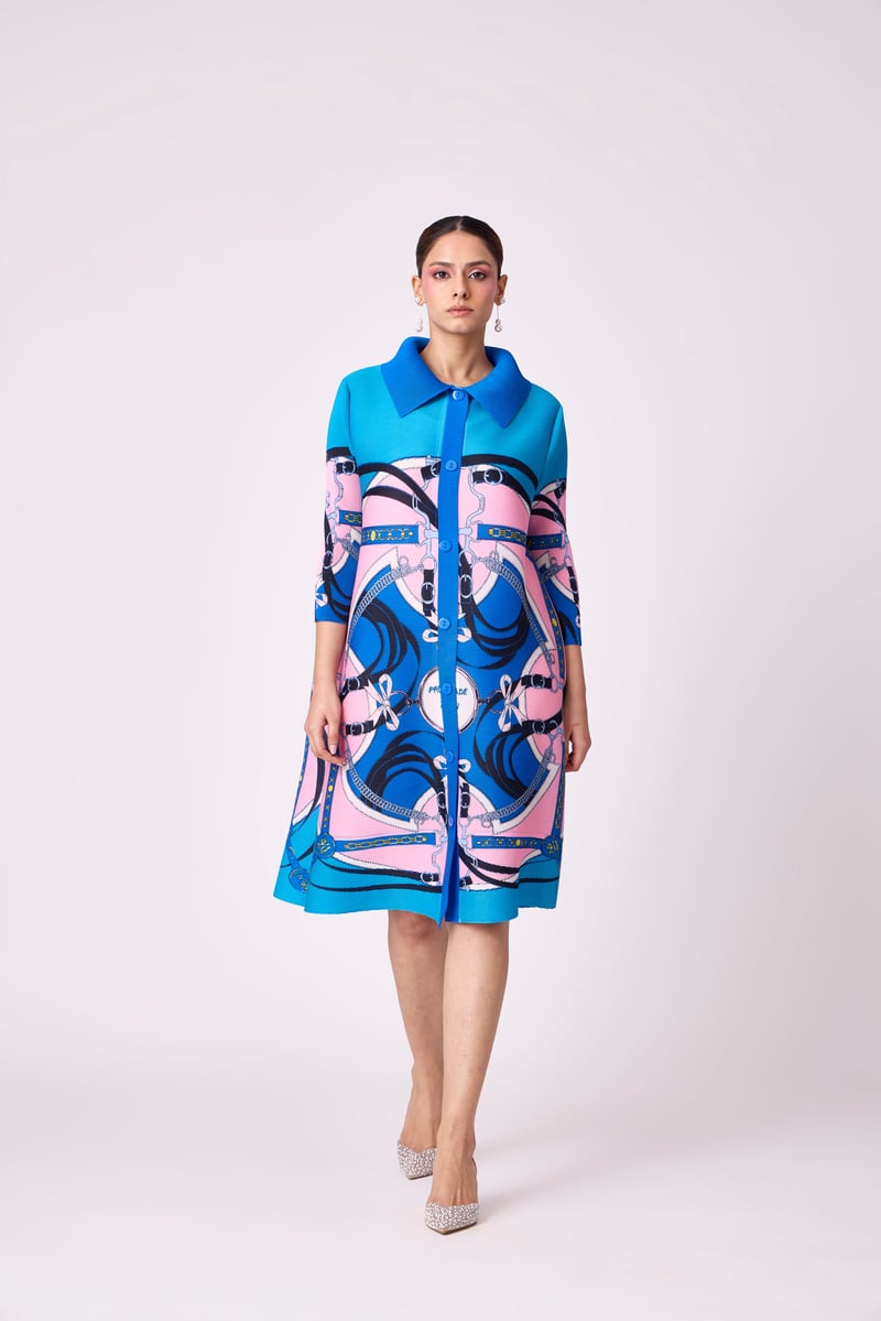 Blue Abstract Print Micro-Pleated Shirt Dress — Scarlet Sage