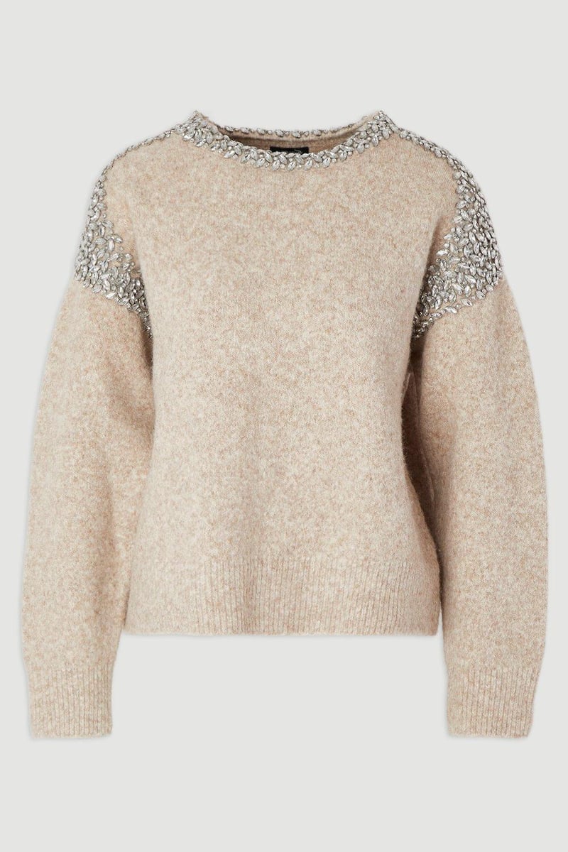 Oatmeal Embellished Trim Cosy Knit Jumper