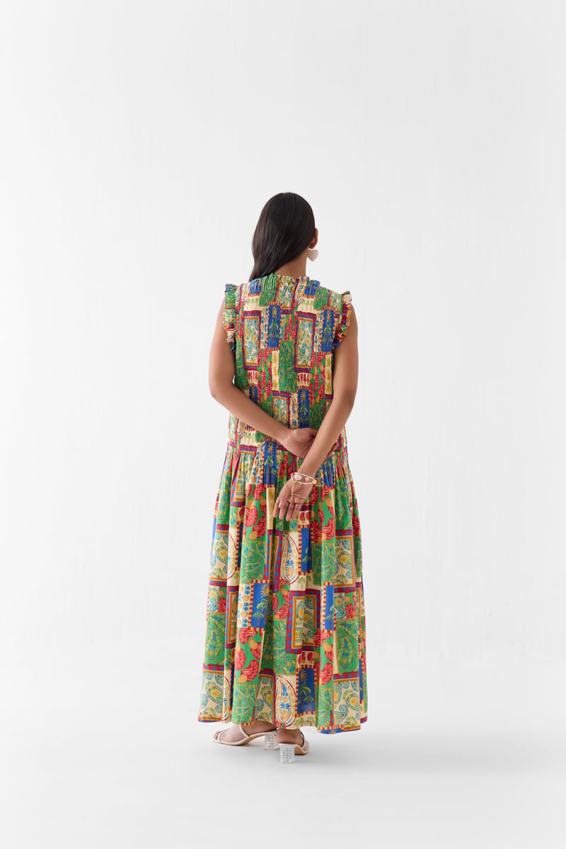 Multicolor Printed Ruched Bodice Maxi Dress
