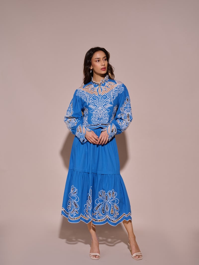 Blue High-Waist Tiered Cutwork Midi Skirt