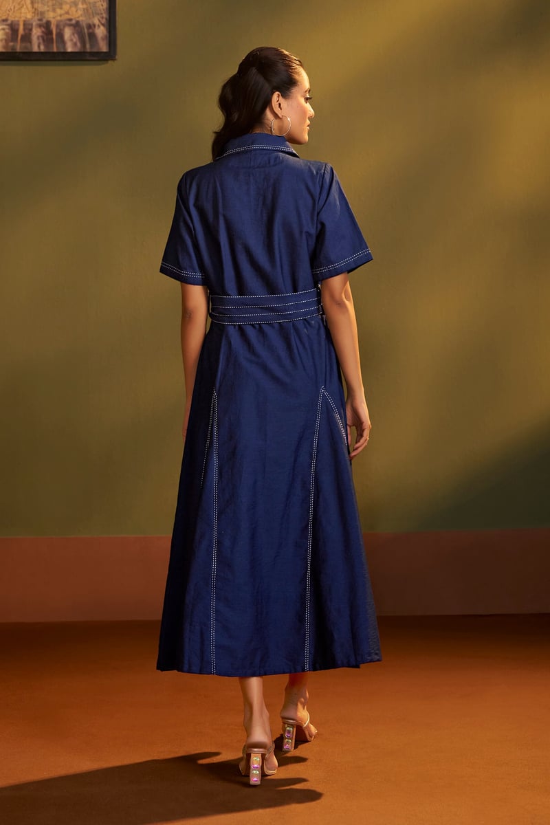 Blue Denim Belted Shirt Midi Dress with Contrast Stitching