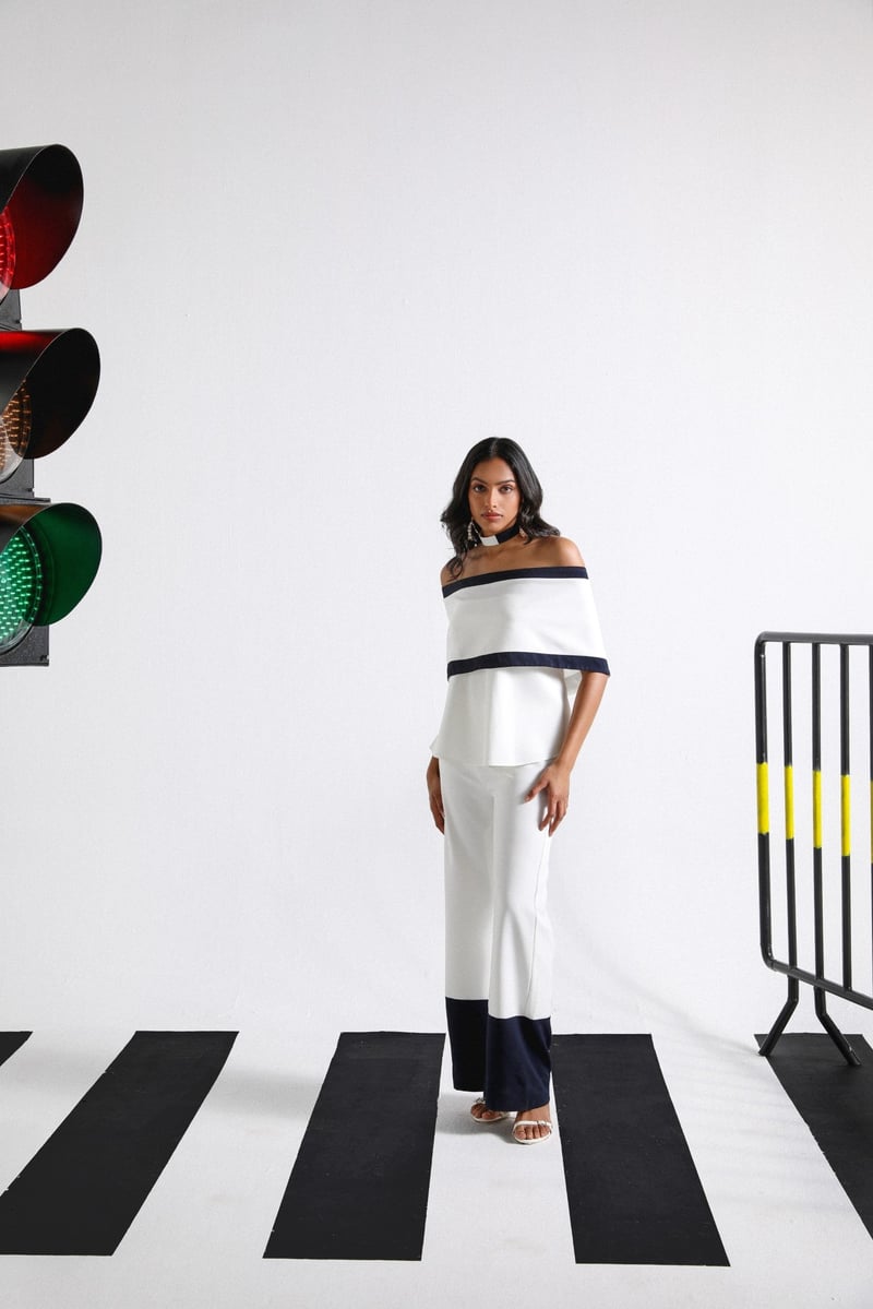 White and Navy Off-Shoulder Co-ord Set with Bootcut Pants