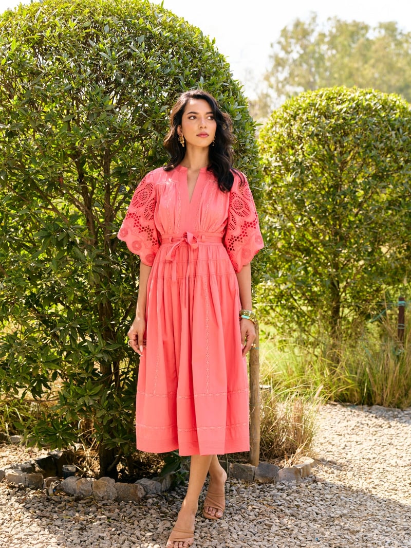 Pink Tiered Midi Dress with Schiffli Sleeves and Belt