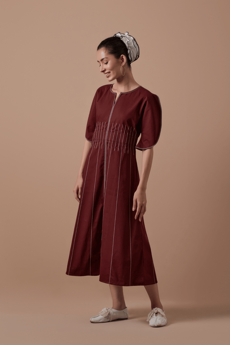 Maroon A-Line Midi Dress with Boat Neck — SHIBUI