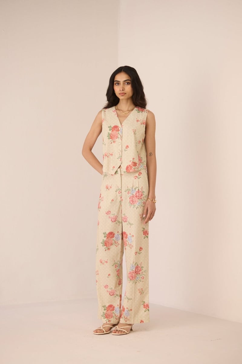 Garden Trellis Cotton-Linen Floral Wide-Leg Trousers