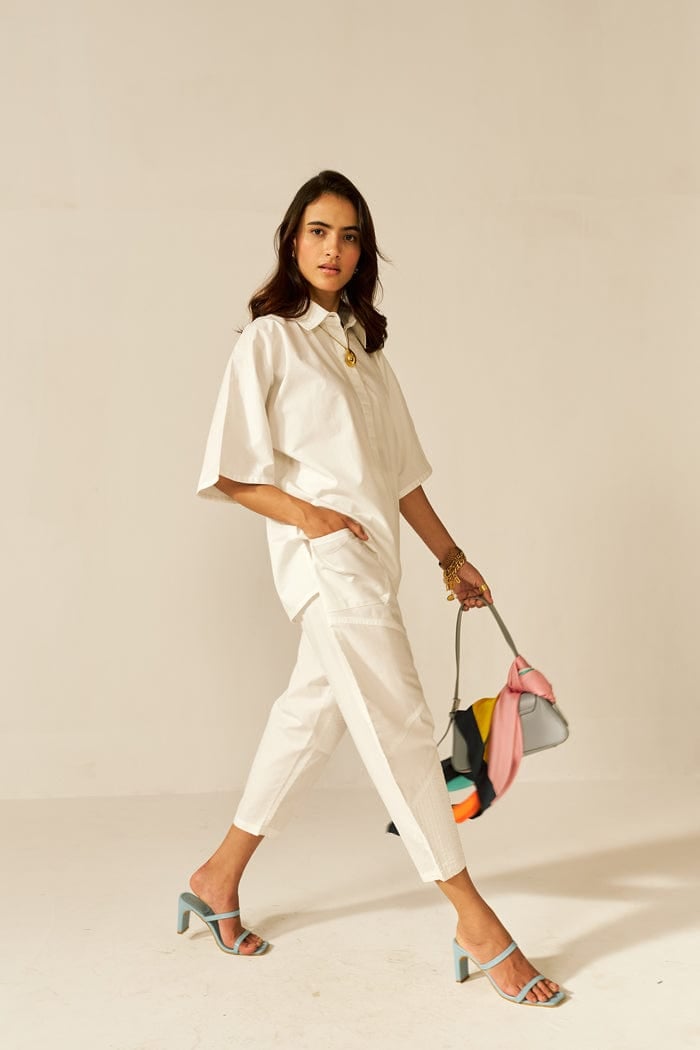 White Cotton Poplin Shirt and Tapered Pants Co-ord Set