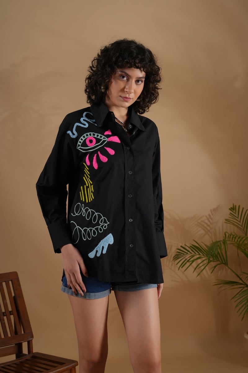 Black Oversized Embroidered Cotton Shirt