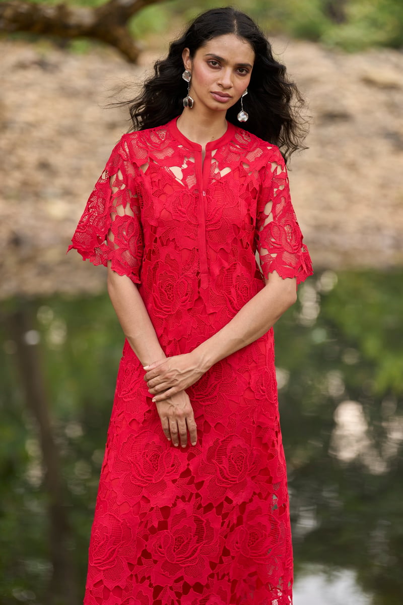 Red Lace Midi Dress with Band Collar and Flared Sleeves