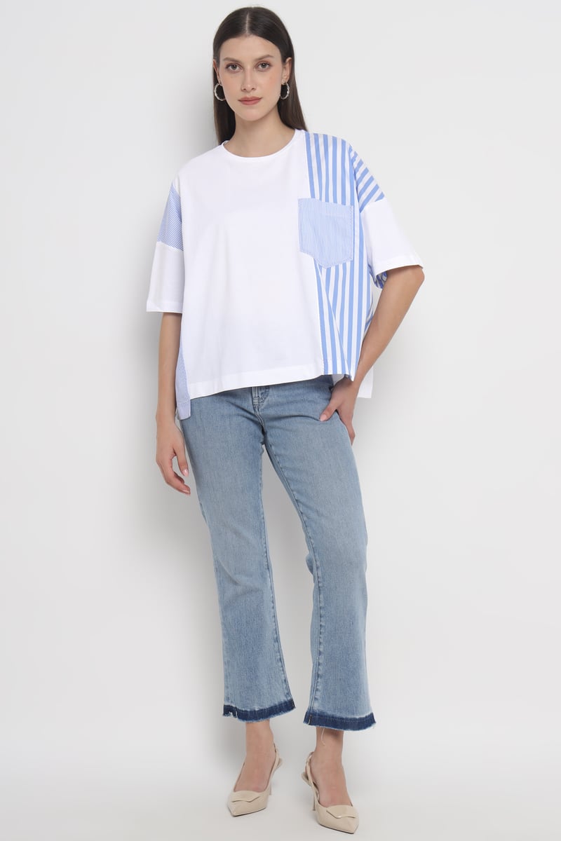 White/Light Blue Colorblock Oversized Stripe Panel Tee