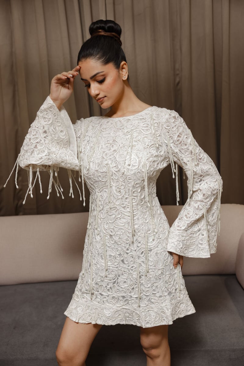 Ivory Textured Embroidered Open-Back Mini Dress