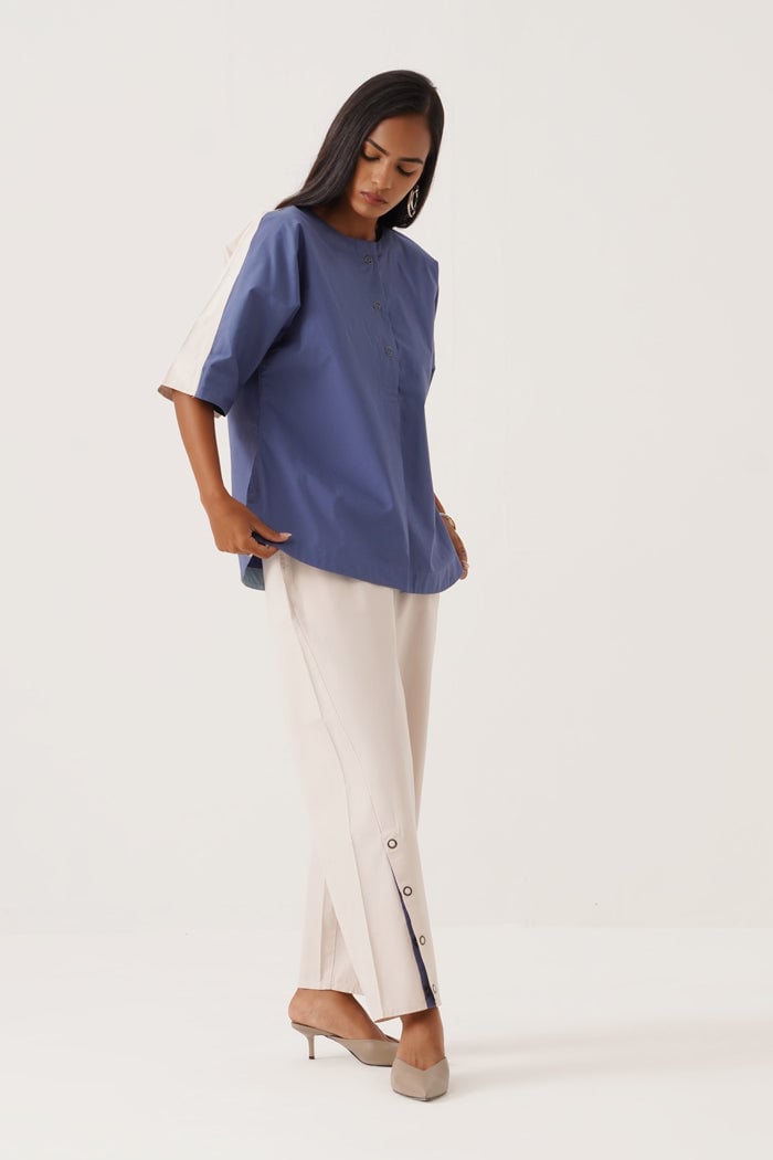 Blue and White Colorblocked Shirt and Pants Co-ord Set