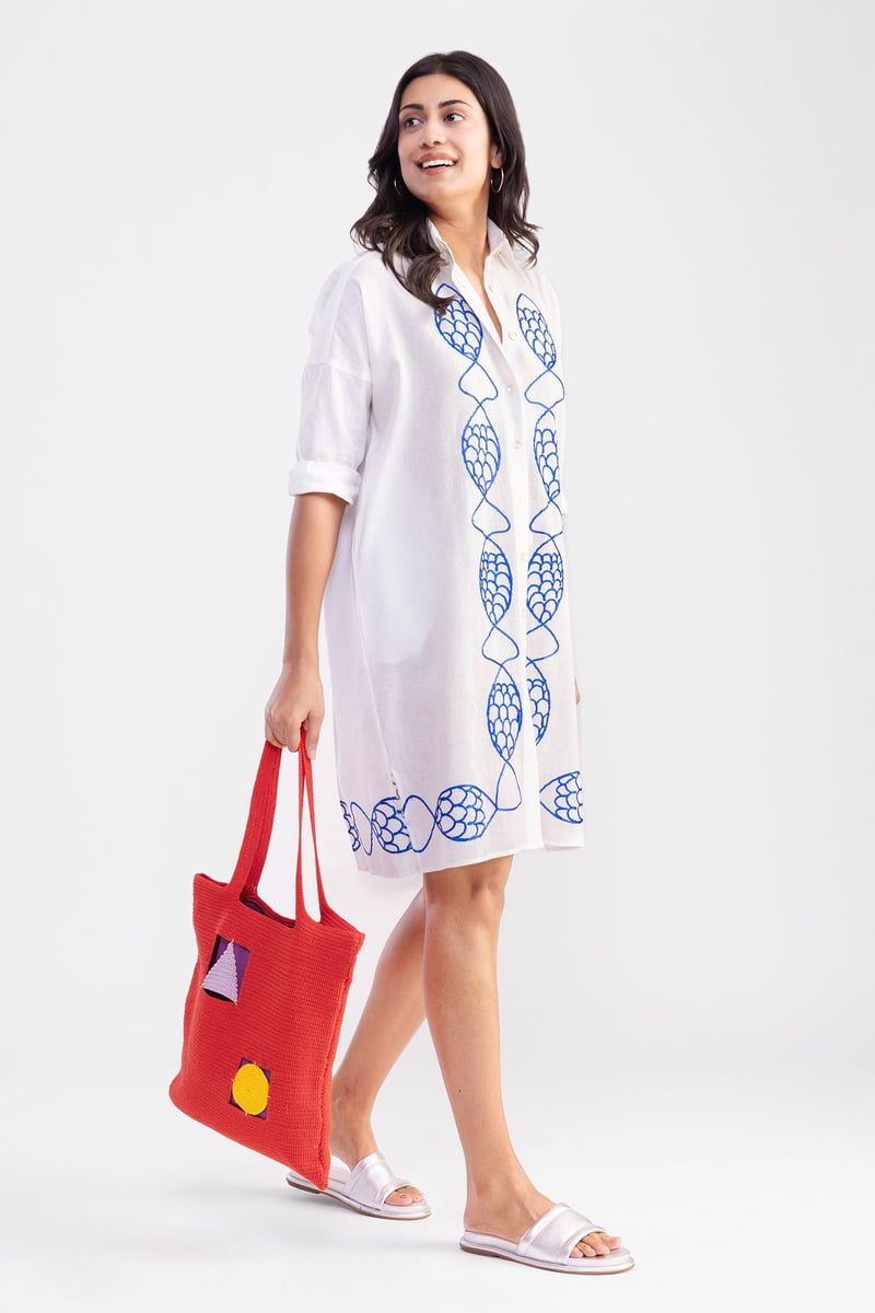White Mini Shirt Dress with Blue Fish Embroidery