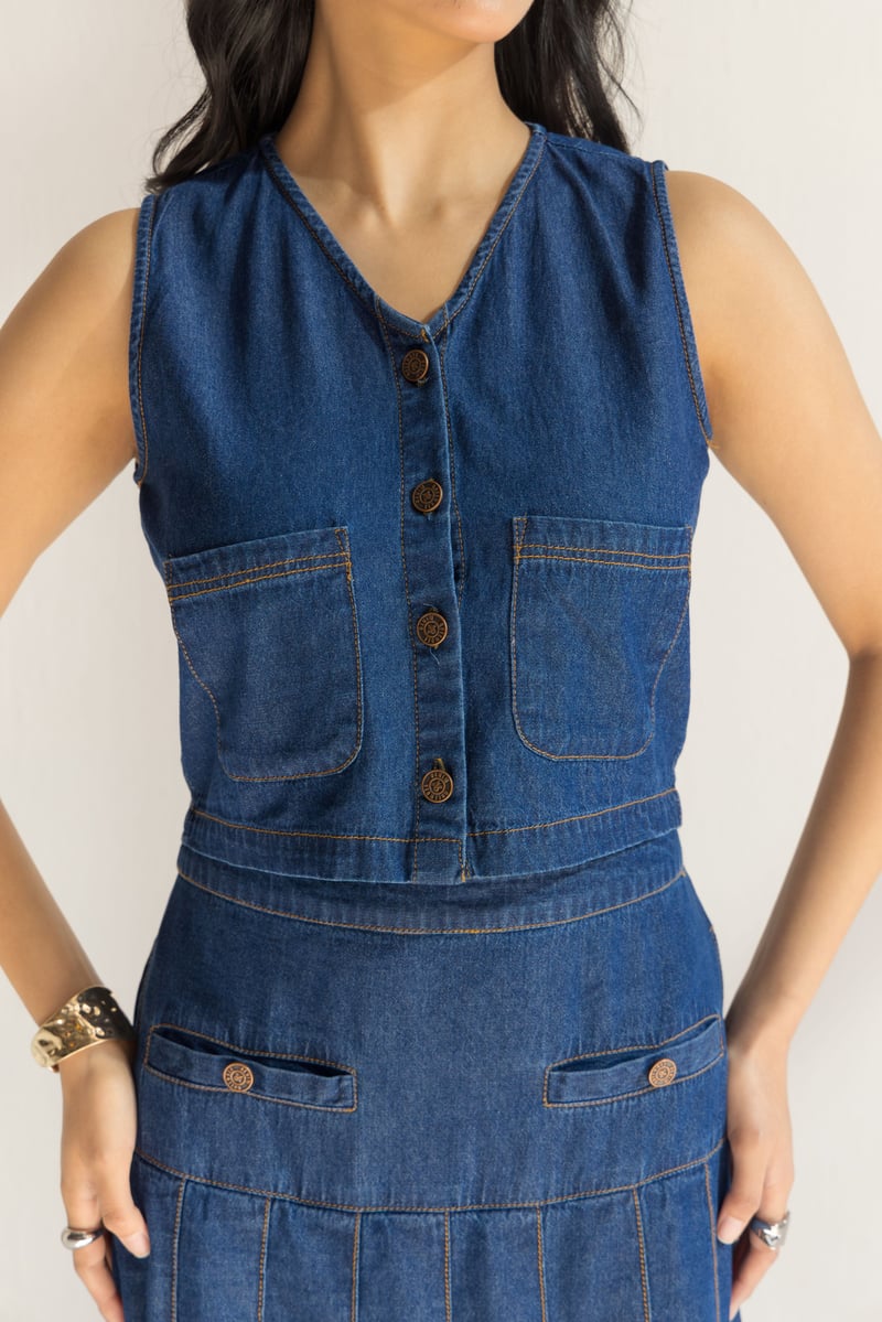 Blue Denim Vest and Pleated Midi Skirt Co-ord Set