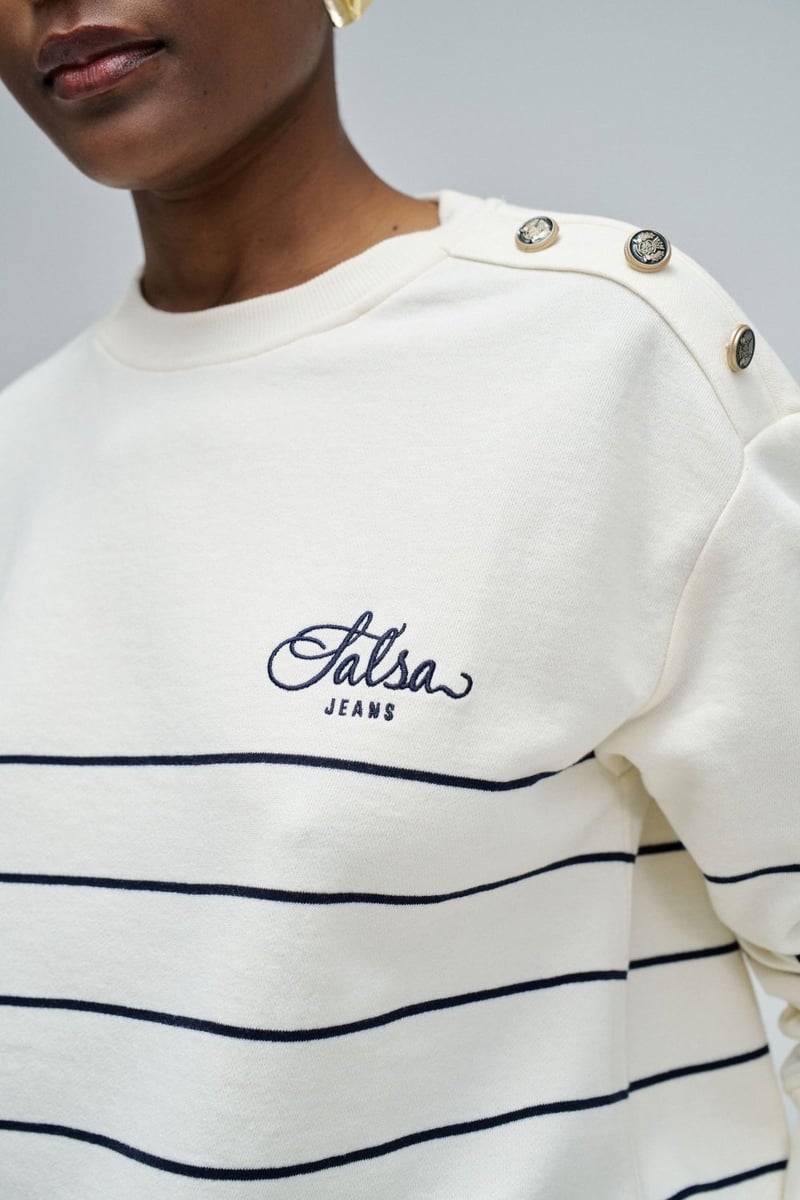 Light Beige Striped Crew Neck Sweatshirt