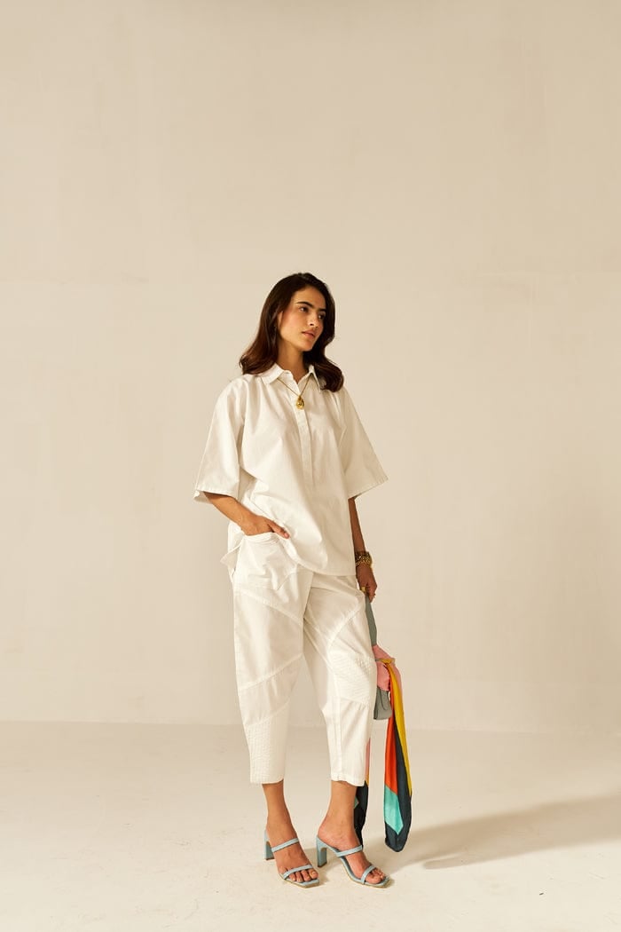 White Cotton Poplin Shirt and Tapered Pants Co-ord Set