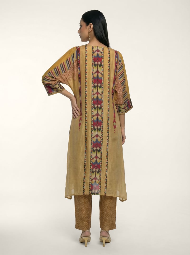 Beige Muslin Silk Printed Kurta Set with Embellished Placket