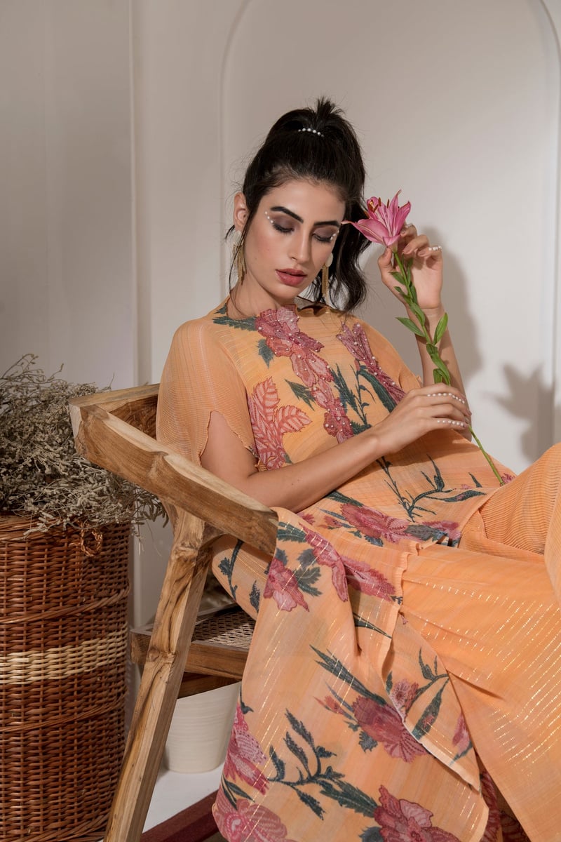 Yellow Floral Lurex Kaftan Kurta Set with Wide-Leg Pants