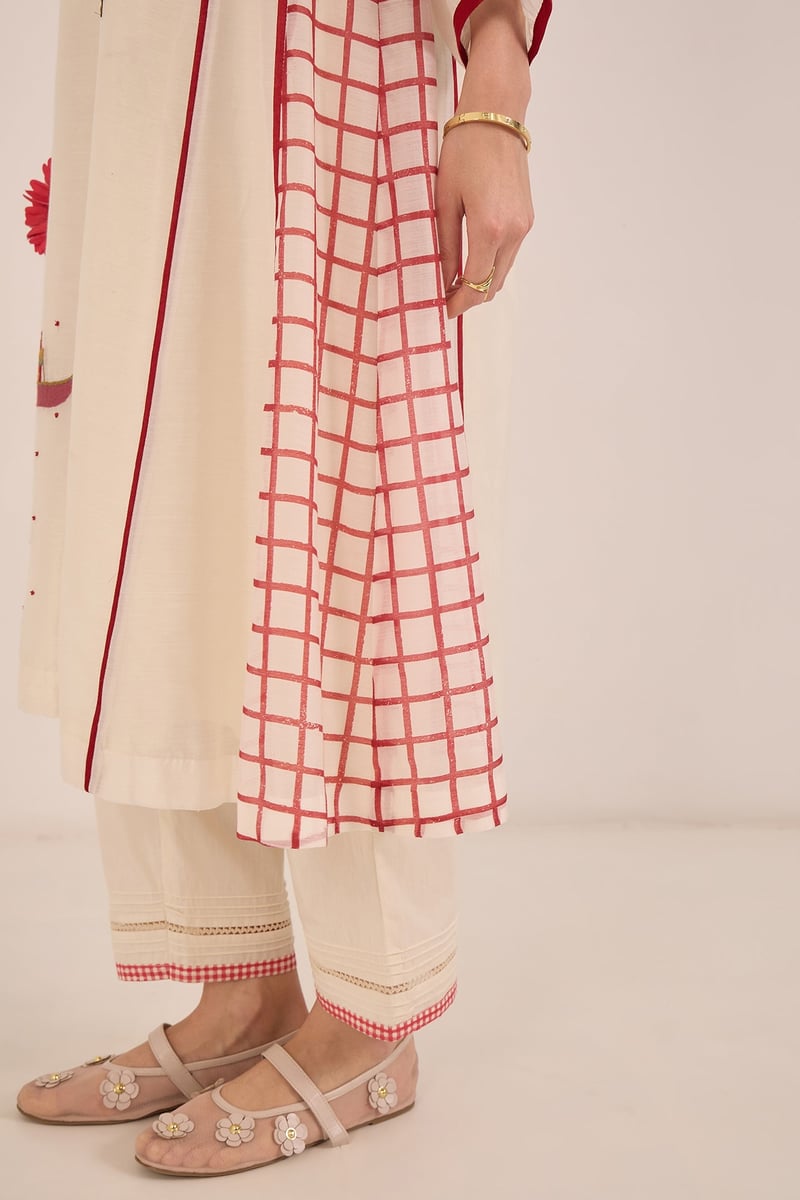 Ivory Chanderi Kali Kurta Set with Red Check Panels